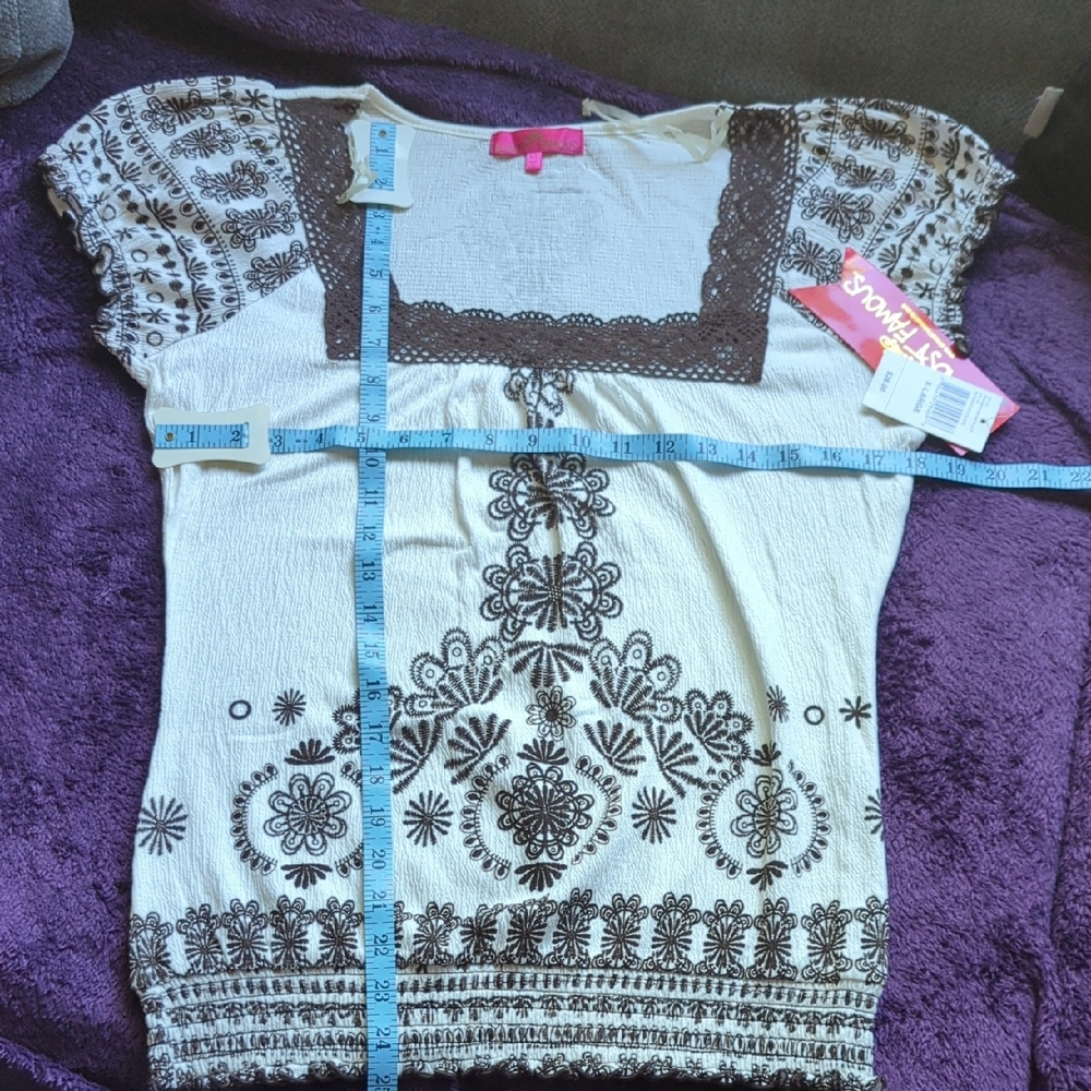 White and Brown Embroidered Top